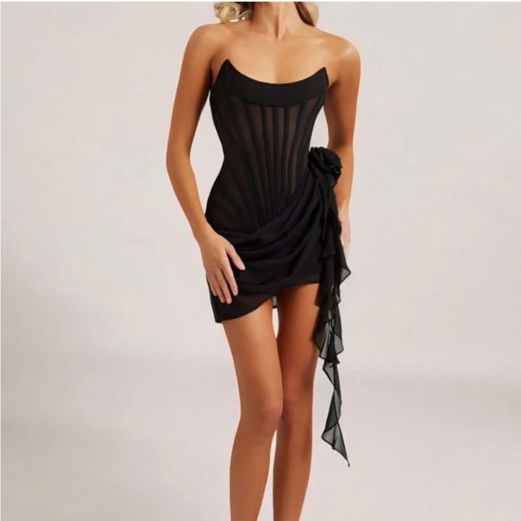 Heiress Beverly Hills Black Chiffon Mesh Corset Flower Drape Mini Dress